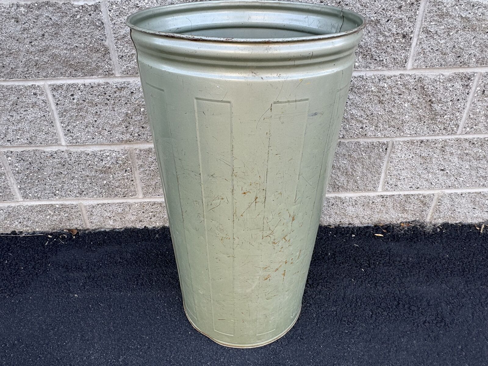 Vintage Lawson industrial metal waste basket, trash can, mid century great patina 29.25”tall