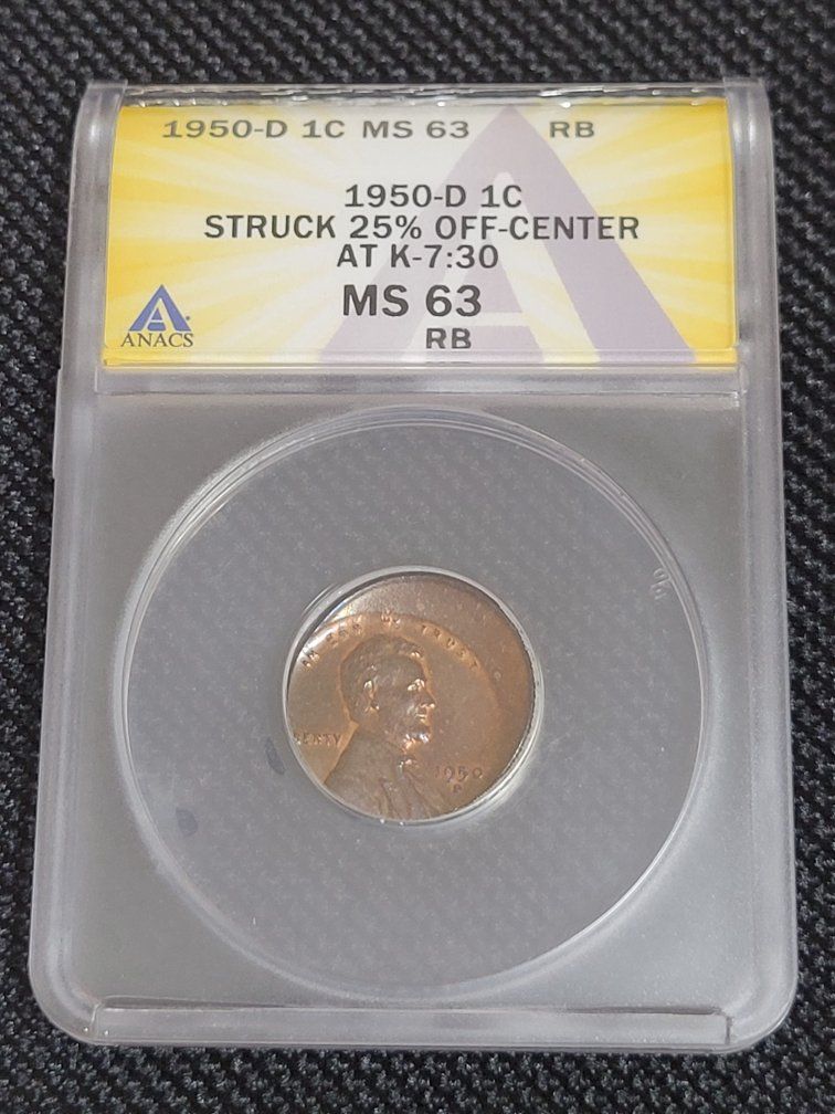 1950-D Lincoln Cent Struck 25% Off-Center ANACS MS63 RB Graded Coin