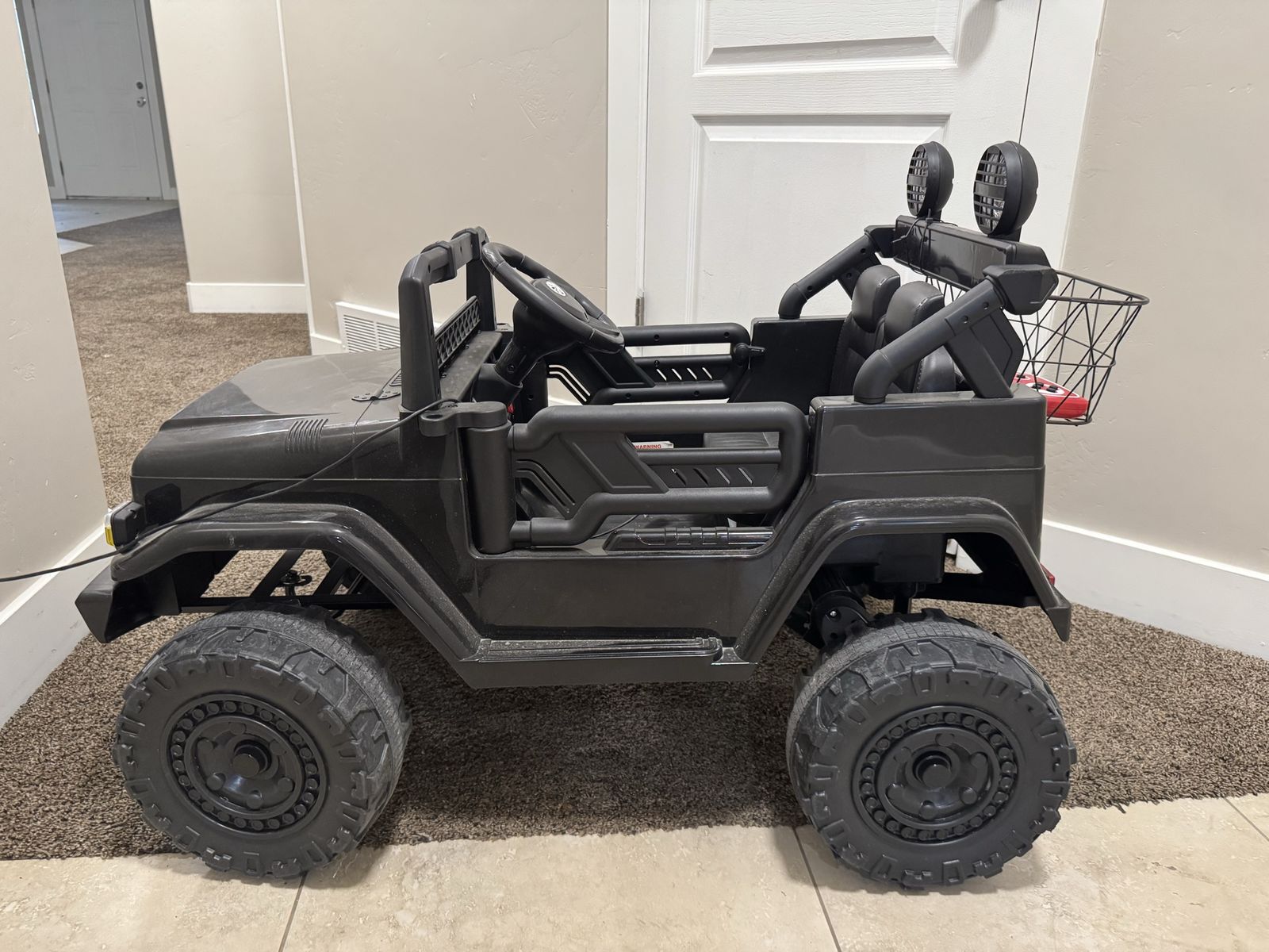 Black Toyota Kids Ride-On Jeep Car with Working Lights and Basket