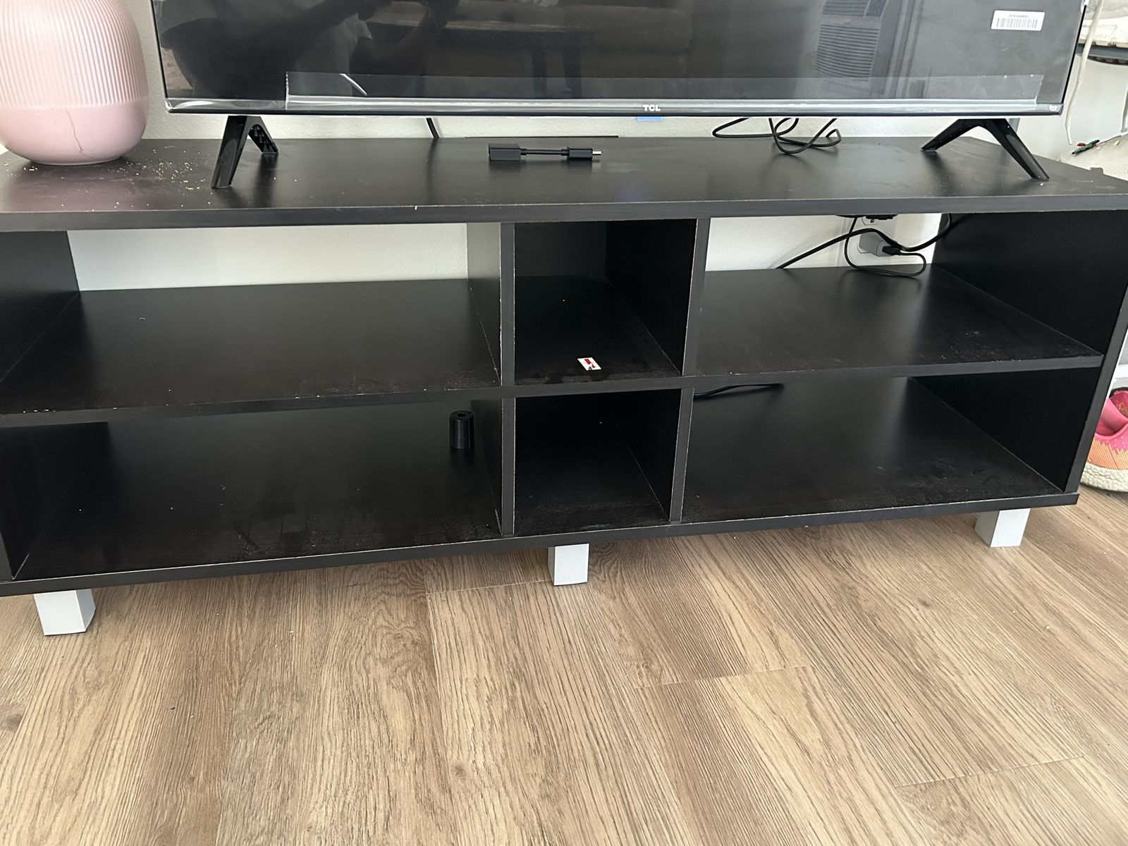 Black Media Console TV Stand with Open Shelving and White Legs - Modern Entertainment Unit