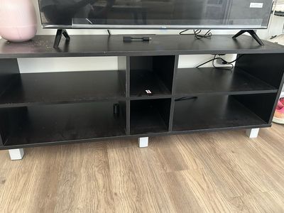 Black Media Console TV Stand with Open Shelving and White Legs - Modern Entertainment Unit