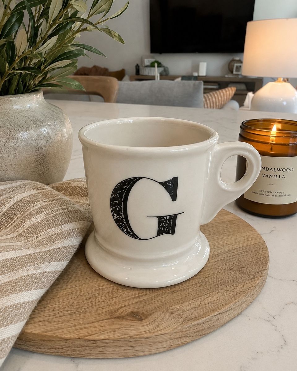 Monogram Ceramic Coffee Mug Letter G Cream Color with Black Font