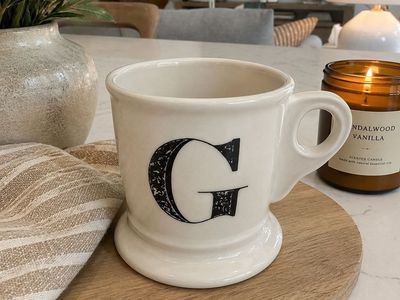Monogram Ceramic Coffee Mug Letter G Cream Color with Black Font