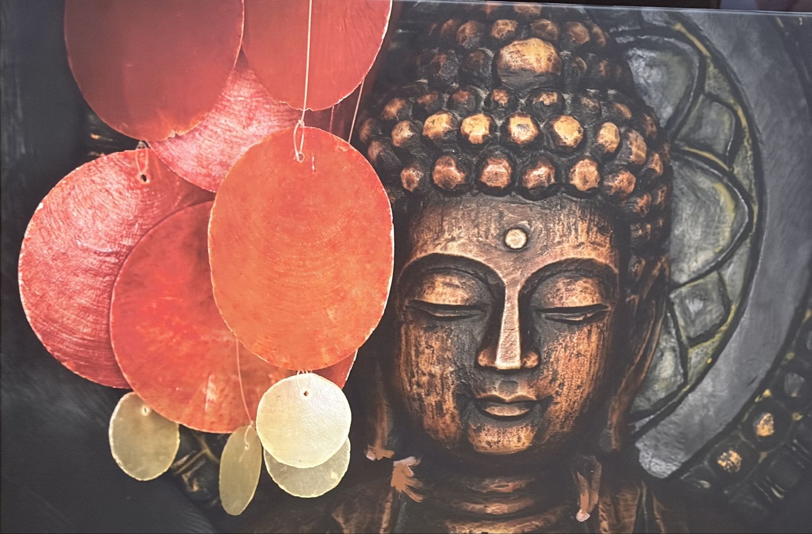 Buddha Canvas Wall Art with Red and Orange Capiz Shell Accents