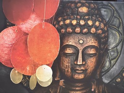 Buddha Canvas Wall Art with Red and Orange Capiz Shell Accents