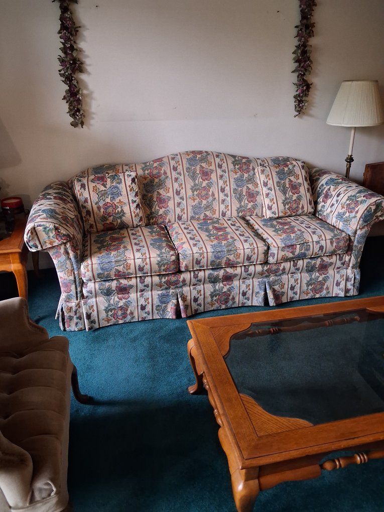 Floral Fabric Sofa & Loveseat Set - Vintage Style, Skirted Base