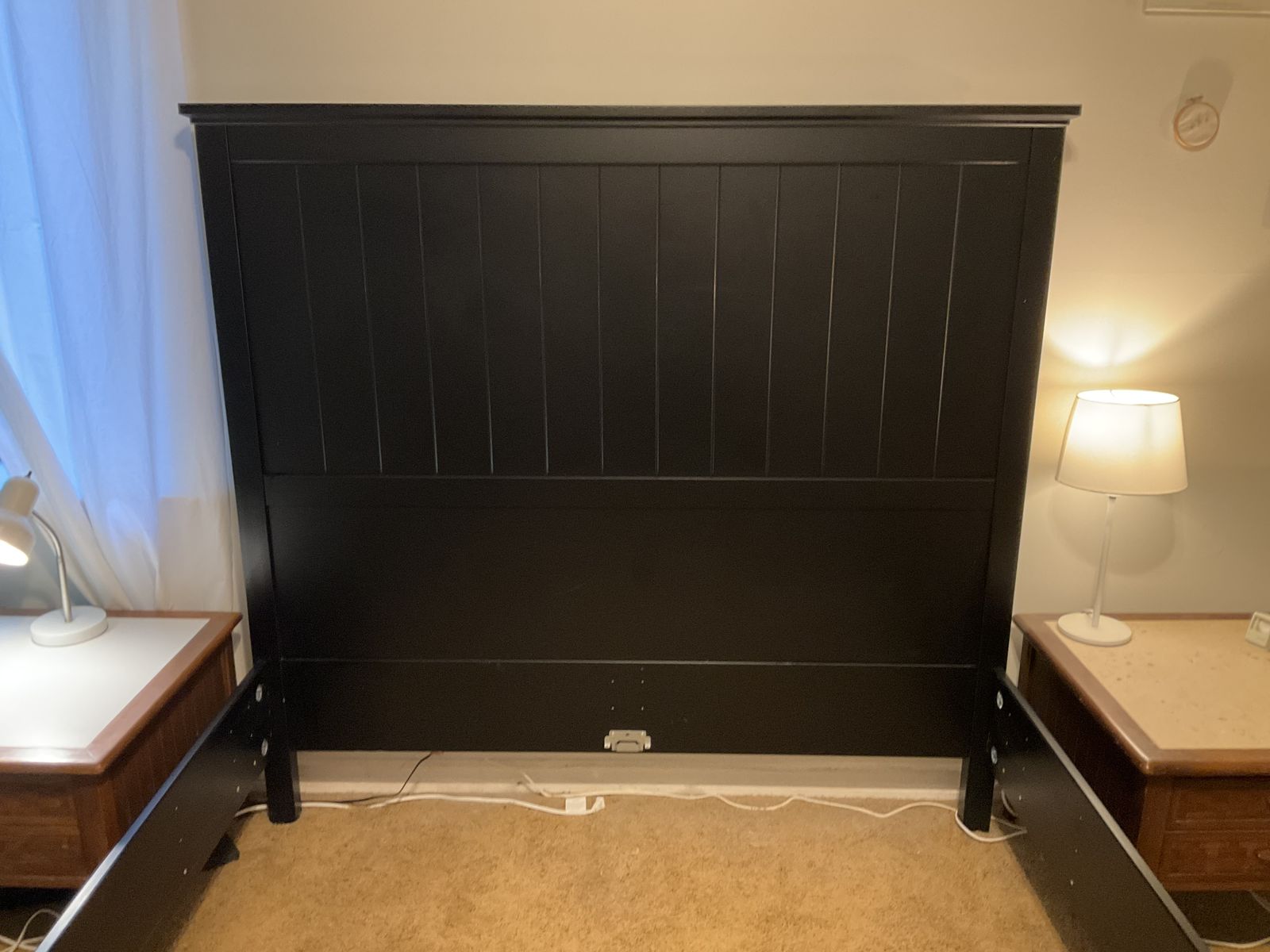 Black queen bed frame and bench with storage