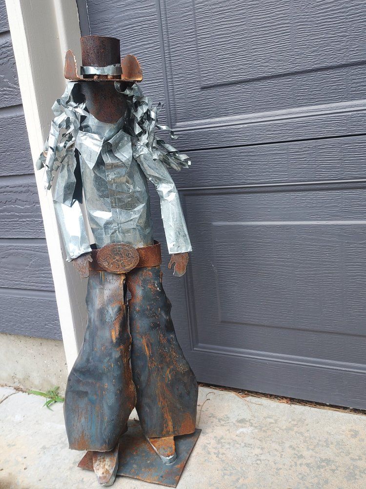 Handcrafted Rustic Metal Cowgirl Yard Art Sculpture - Unique Western Decor