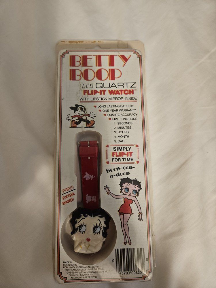 Betty Boop Vintage LED Quartz Flip-It Watch with Lipstick Mirror Inside & Extra Band - NIB