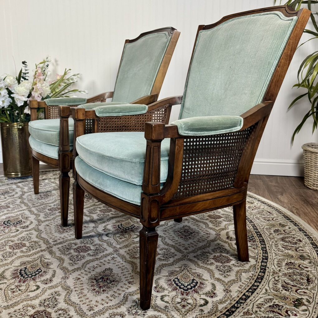 French Provincial Cane Back Velvet Armchairs