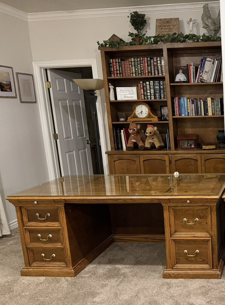 Solid Oak Executive Desk And Credenza