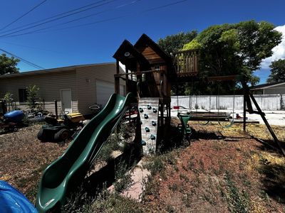 Kid's Wooden Playset Playhouse with Slide and Swings, Outdoor Backyard Fun OBO