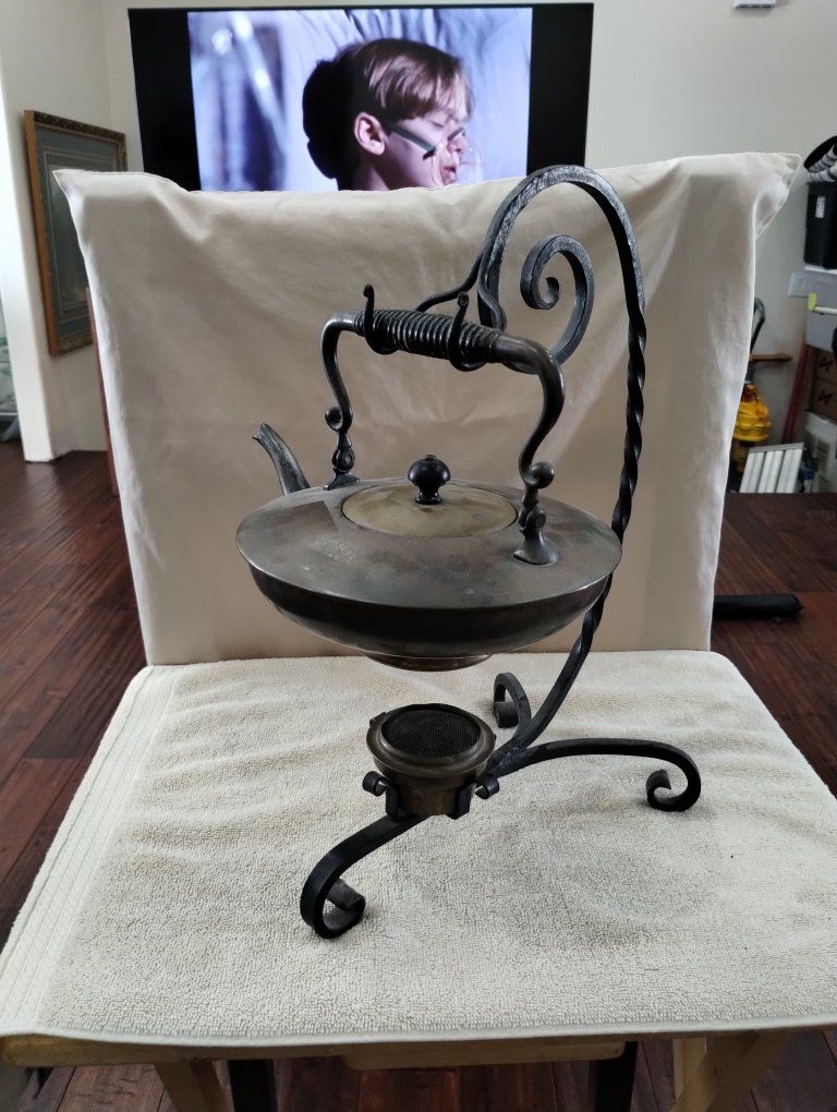 Vintage Metal Tea Kettle with Wrought Iron Stand and Burner