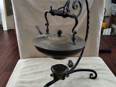 Vintage Metal Tea Kettle with Wrought Iron Stand and Burner