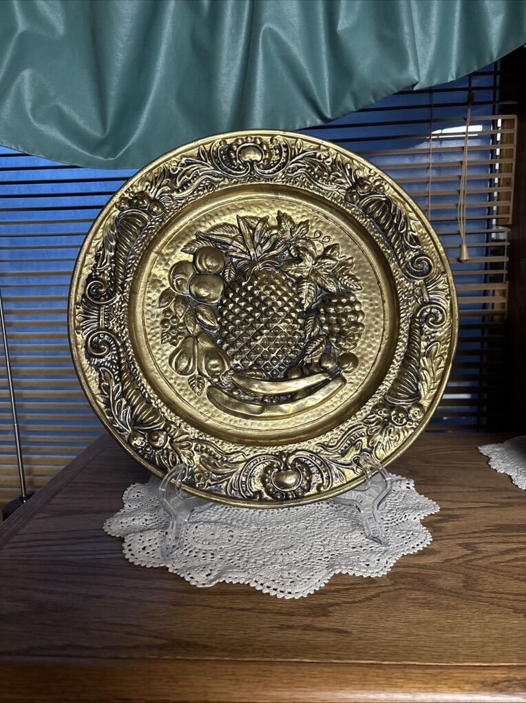 Vintage 14 Round Brass Wall Plaque Plate Fruit