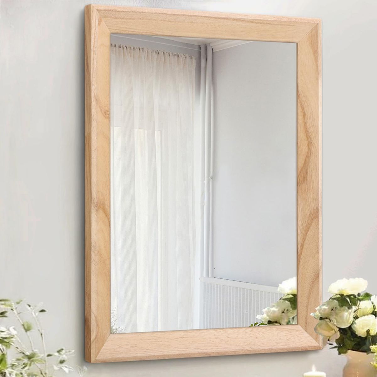 Rustic Mirrors for Wall Rectangle Wood Frame Mirror Decorative for Farmhouse Bedroom Bathroom Living Room Large 20"x16" Natural