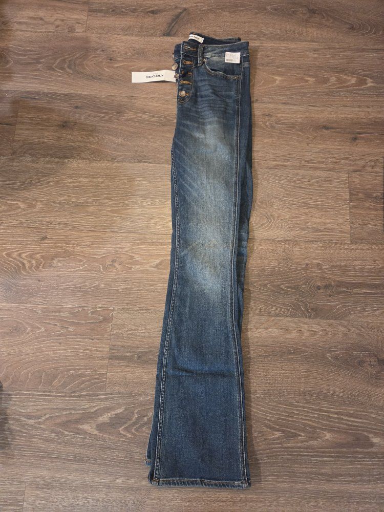 Vigoss Women's Blue Denim High-Waist Button Fly Flare Jeans, Size 25 Long