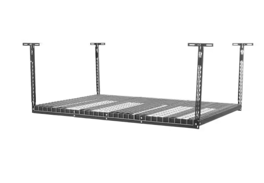 Husky 97.5 in. W x 43.75 in. H x 48 in. D Adjustable Height Metal Heavy-Duty Overhead Garage Storage Rack in Black