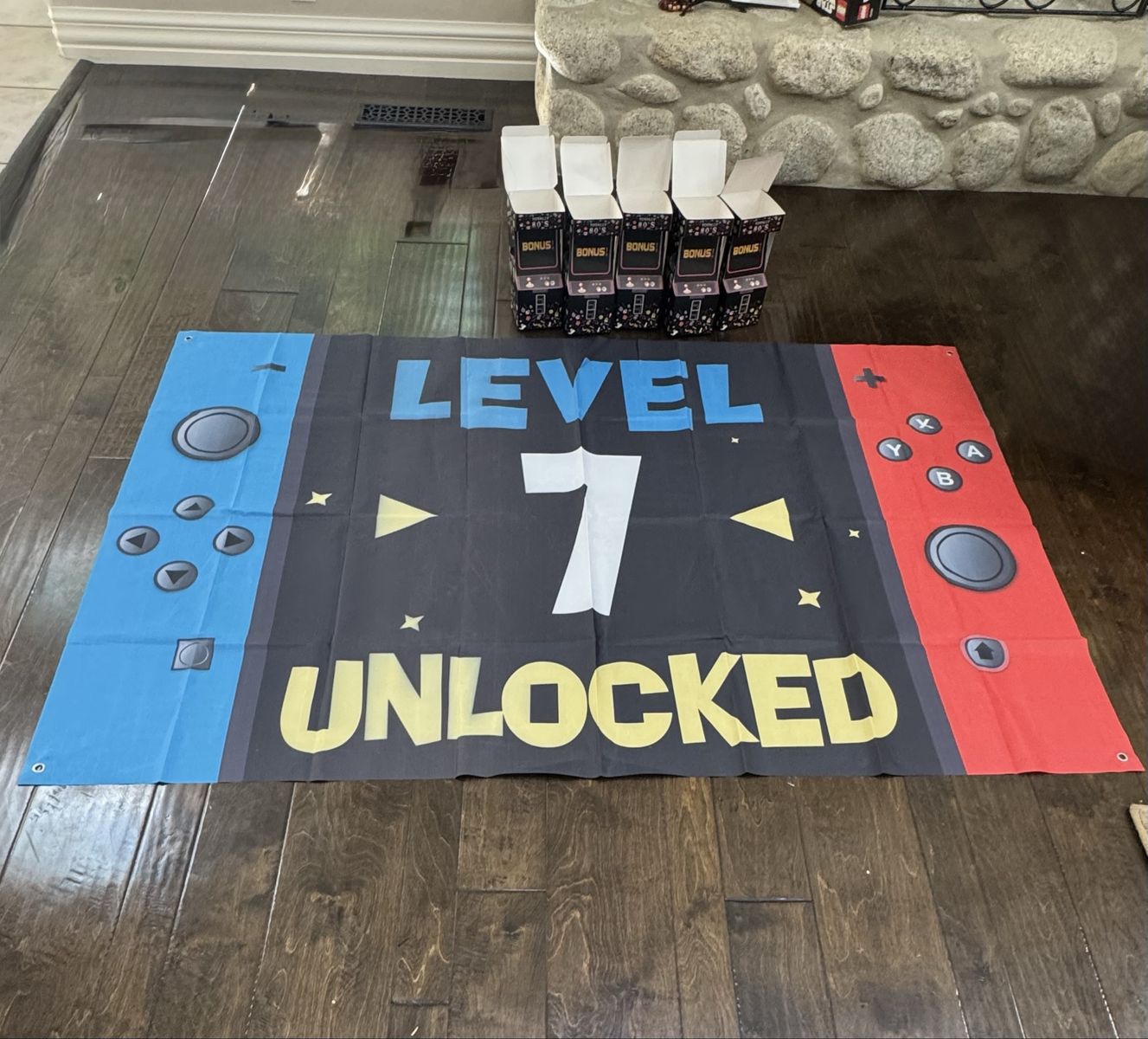 Level 7 Unlocked Birthday Banner with 5 Totally 80's Arcade Gift Boxes