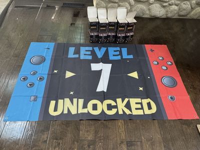 Level 7 Unlocked Birthday Banner with 5 Totally 80's Arcade Gift Boxes