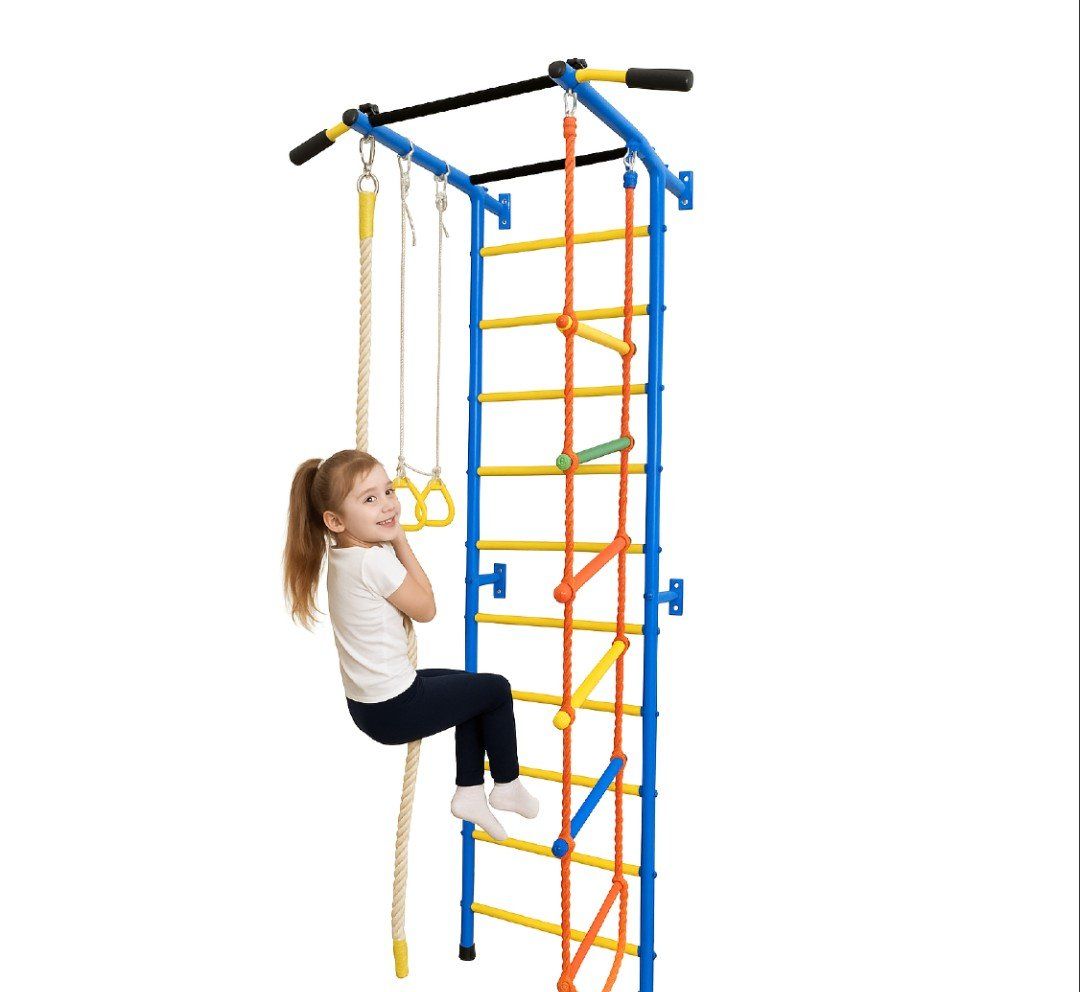 Kids Indoor Wall-Mounted Swedish Ladder w/ Pull-Up Bar, Rope & Gymnastic Rings, 200lb Capacity