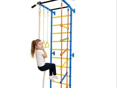Kids Indoor Wall-Mounted Swedish Ladder w/ Pull-Up Bar, Rope & Gymnastic Rings, 200lb Capacity