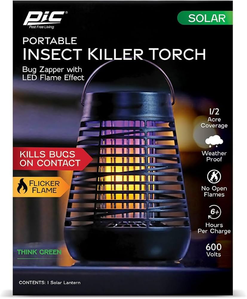 PIC Portable Solar Insect Killer Torch Bug Zapper with LED Flame Effect - 1/2 Acre Coverage
