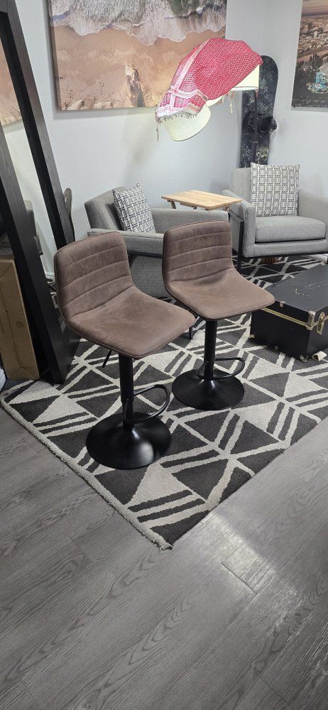 Pair of Brown Upholstered Swivel Bar Stools with Footrests - Adjustable Height