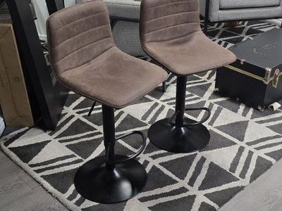 Pair of Brown Upholstered Swivel Bar Stools with Footrests - Adjustable Height