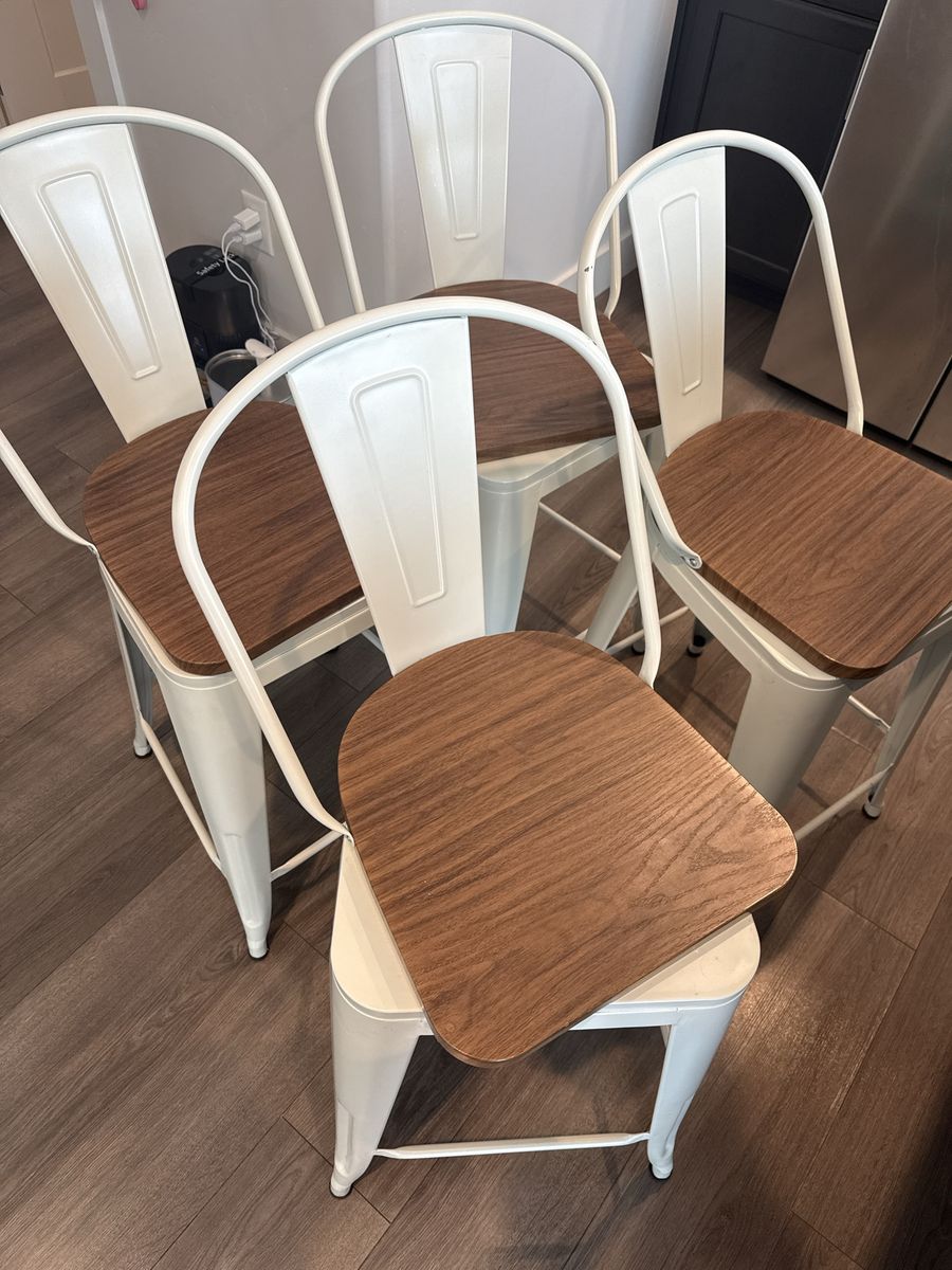 Set of 4 White Metal Bar Stools with Wood Seats