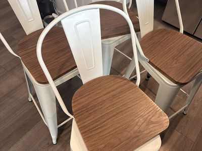 Set of 4 White Metal Bar Stools with Wood Seats