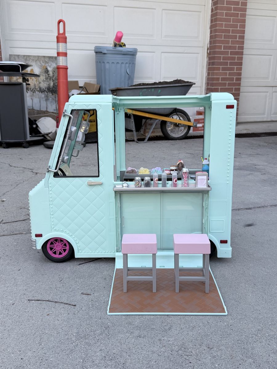Our Generation Sweet Stop Ice Cream Truck Light Blue, Complete Set + 2 OG 18” Dolls
