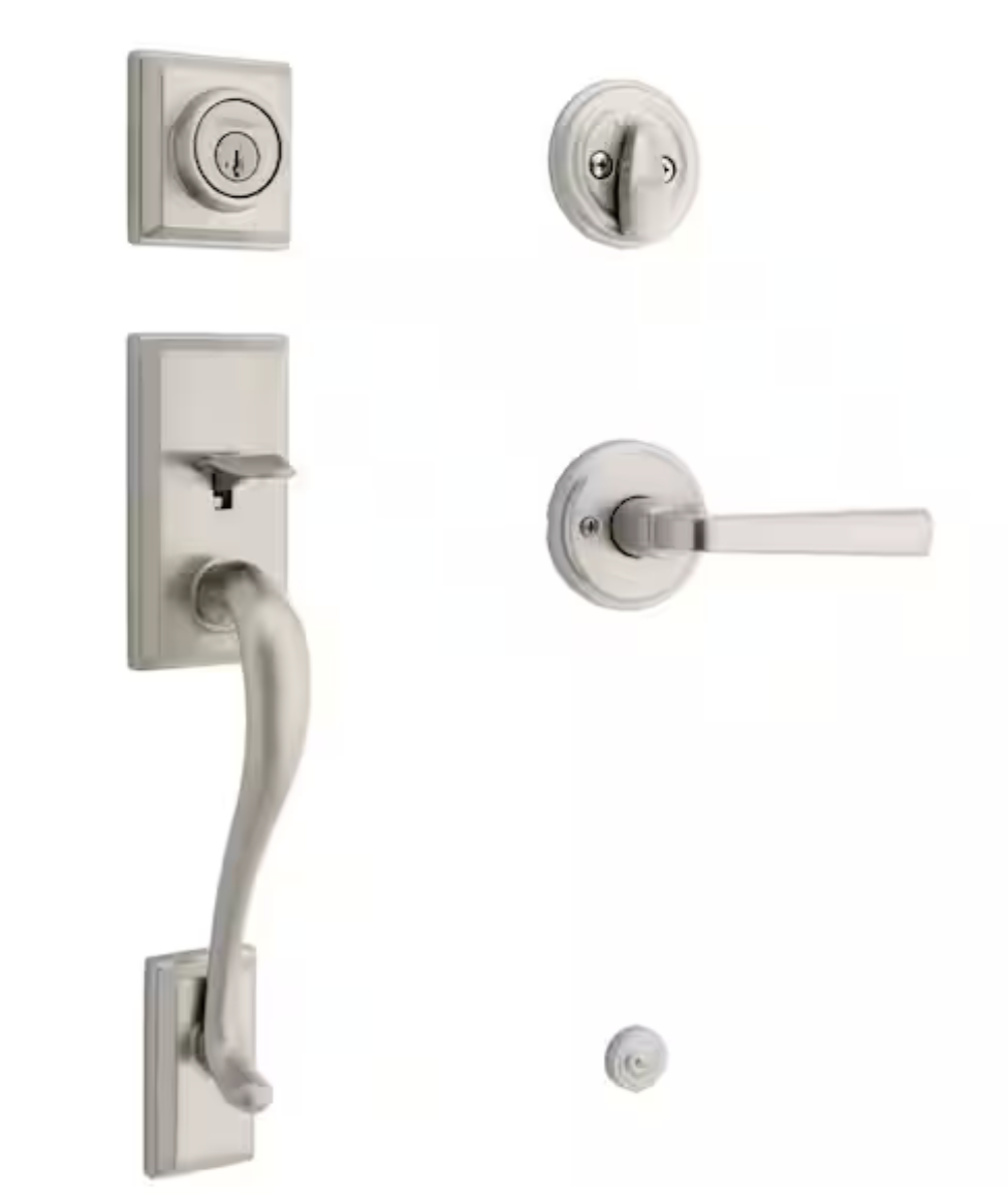 NEW Kwikset Hawthorne Door Handle Set in Satin Nickel
