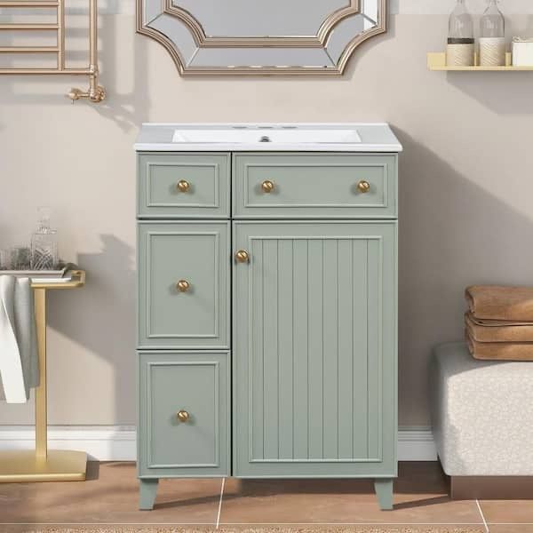 24 in. W Freestanding Bath Vanity with White Ceramic sink, 2 Drawers and 1 Door in Green