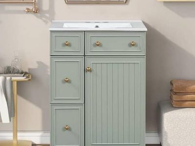 24 in. W Freestanding Bath Vanity with White Ceramic sink, 2 Drawers and 1 Door in Green