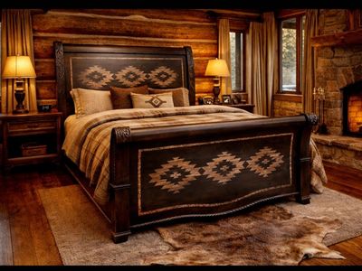 Black Yellostone Queen Carved Feathers Sleigh Bed Frame Handpainted Western