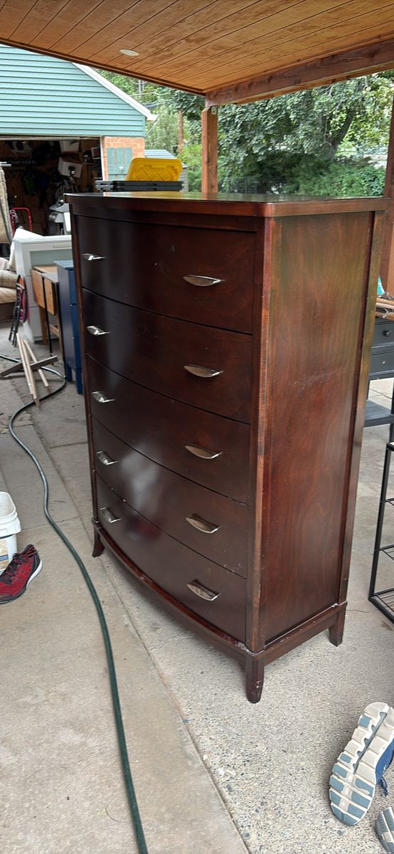 Dark Wood 5-Drawer Tall Chest of Drawers Dresser with Silver Hardware and matching queen size bed