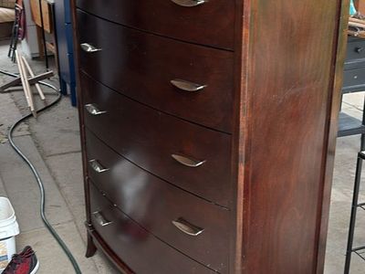 Dark Wood 5-Drawer Tall Chest of Drawers Dresser with Silver Hardware and matching queen size bed