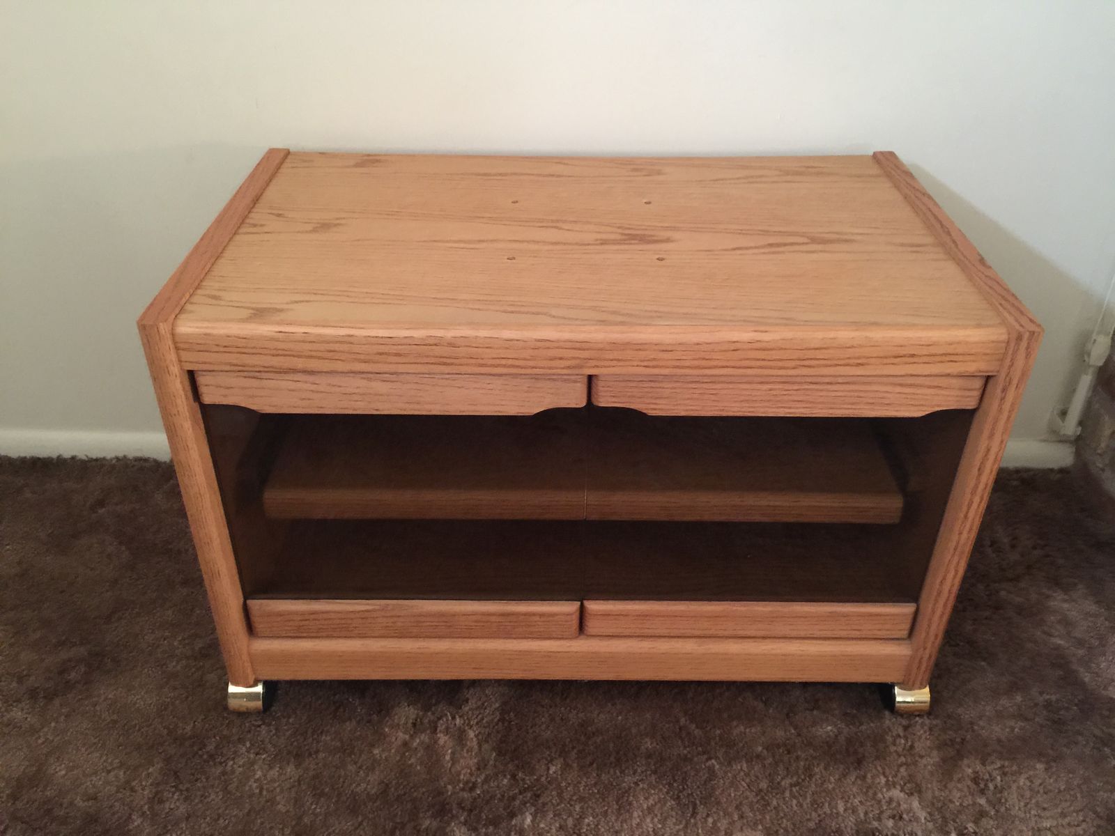 Oak Wood Media Stand TV Cabinet with Glass Doors and Rolling Casters