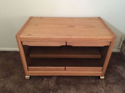 Oak Wood Media Stand TV Cabinet with Glass Doors and Rolling Casters