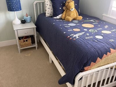 White Jenny Lind style Bed, Grey Nigthstand+ lamp