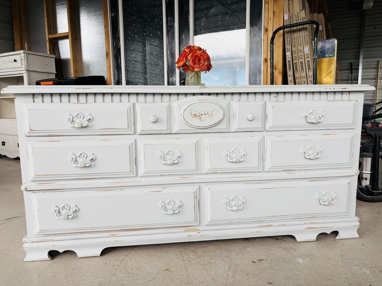 Shabby Chic White Distressed 9-Drawer Dresser/Credenza - Solid Wood, Ornate Hardware