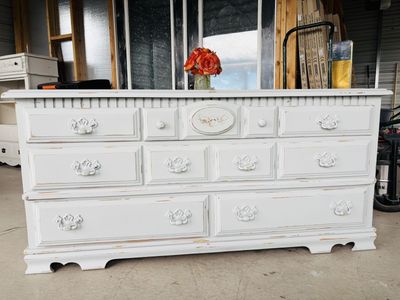 Shabby Chic White Distressed 9-Drawer Dresser/Credenza - Solid Wood, Ornate Hardware