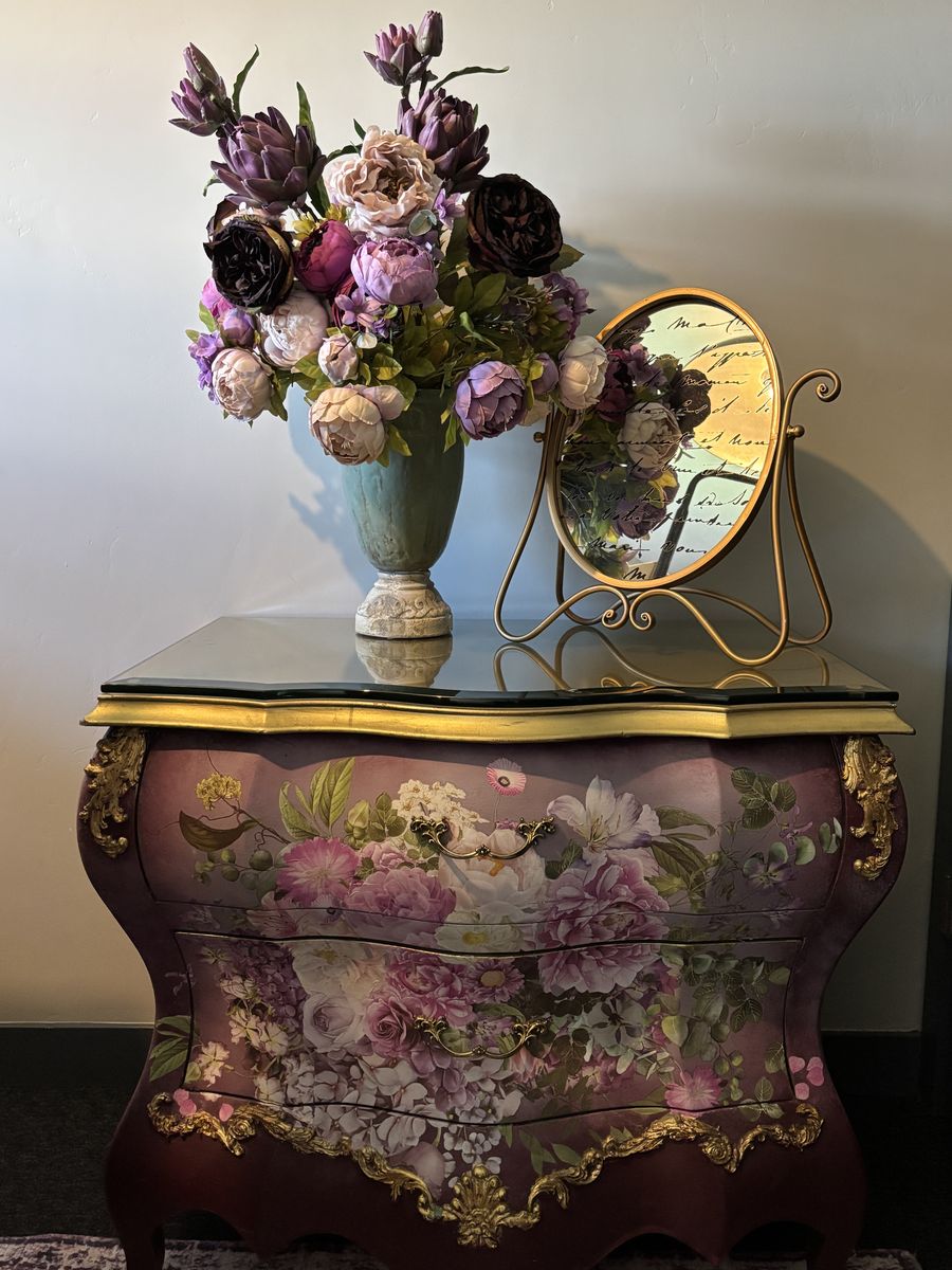 Hand Embellished Shabby Chic Dresser w/ Beveled Glass Top