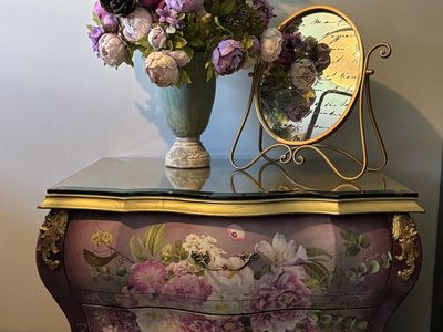 Hand Embellished Shabby Chic Dresser w/ Beveled Glass Top