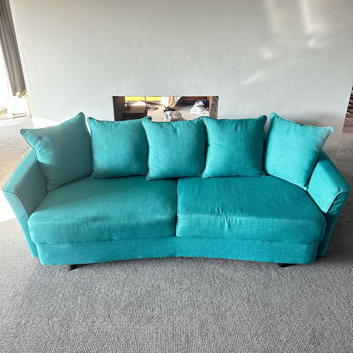 Modern Teal Curved Couch/Bed with Accent Pillows