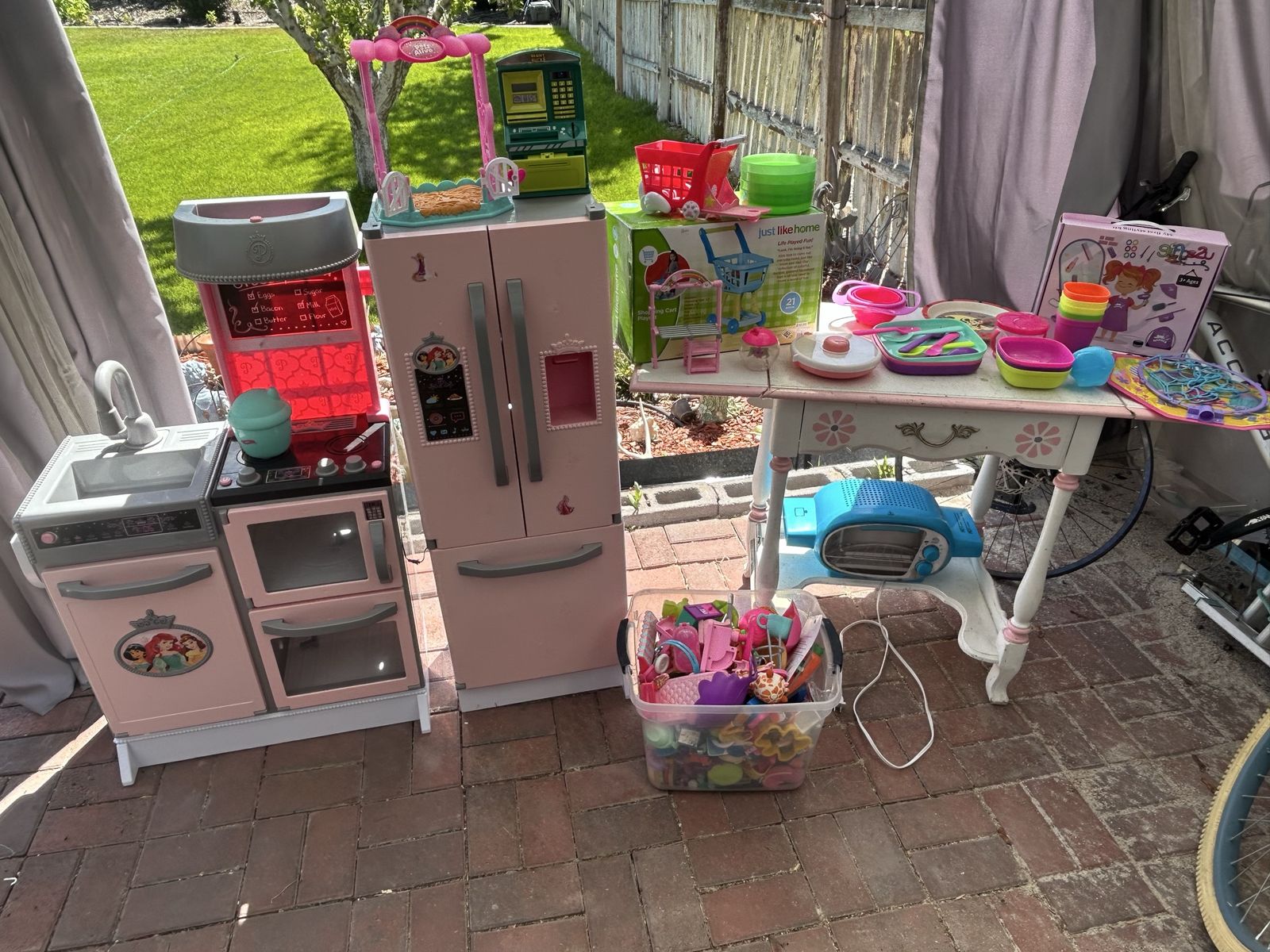 See Video, Lot of Girl's Pretend Kitchen Furniture With Several Toys Plus a Pink & White Wood Makeup Vanity & An Easy Bake Oven