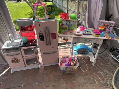 See Video, Lot of Girl's Pretend Kitchen Furniture With Several Toys Plus a Pink & White Wood Makeup Vanity & An Easy Bake Oven