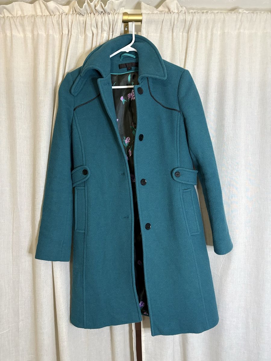 Via Spiga Teal Wool Blend Trench Coat Women's Size 8 Floral Lining