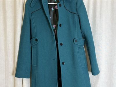 Via Spiga Teal Wool Blend Trench Coat Women's Size 8 Floral Lining